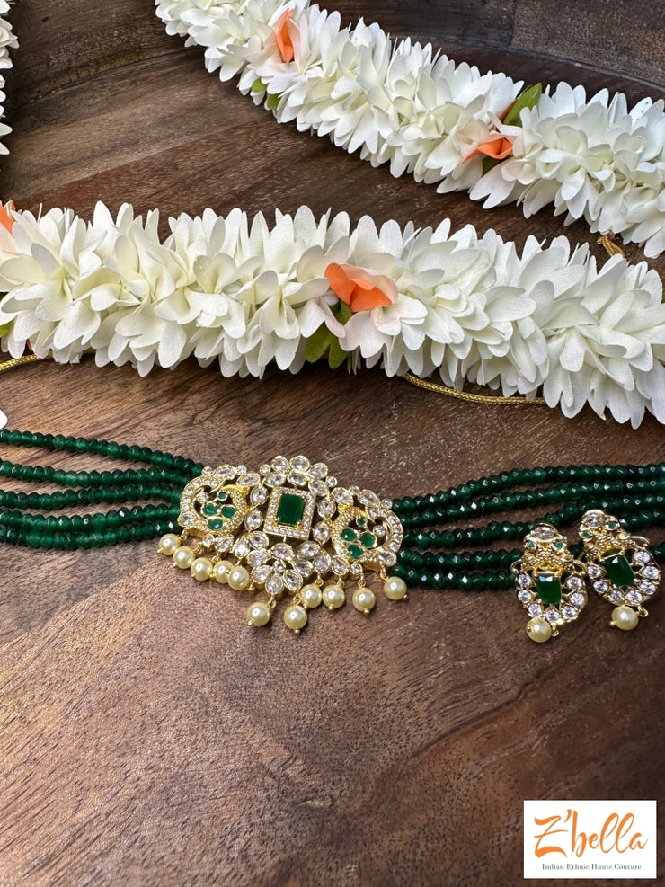 Polki Victorian Pendant Choker With Green Beads Earrings Necklace