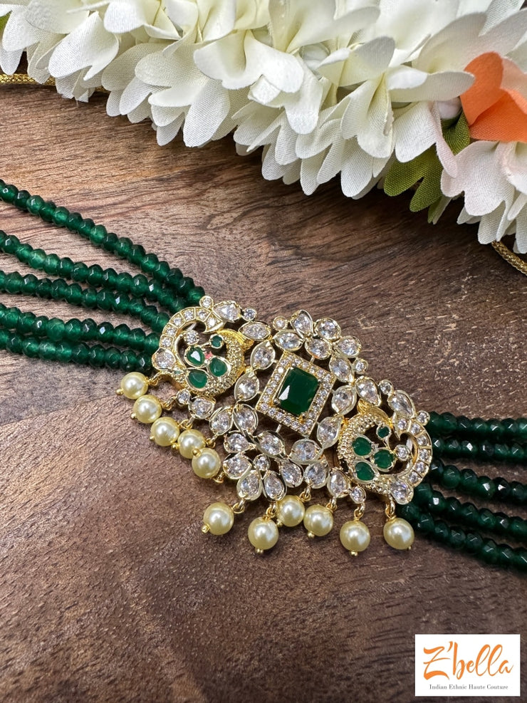 Polki Victorian Pendant Choker With Green Beads Earrings Necklace