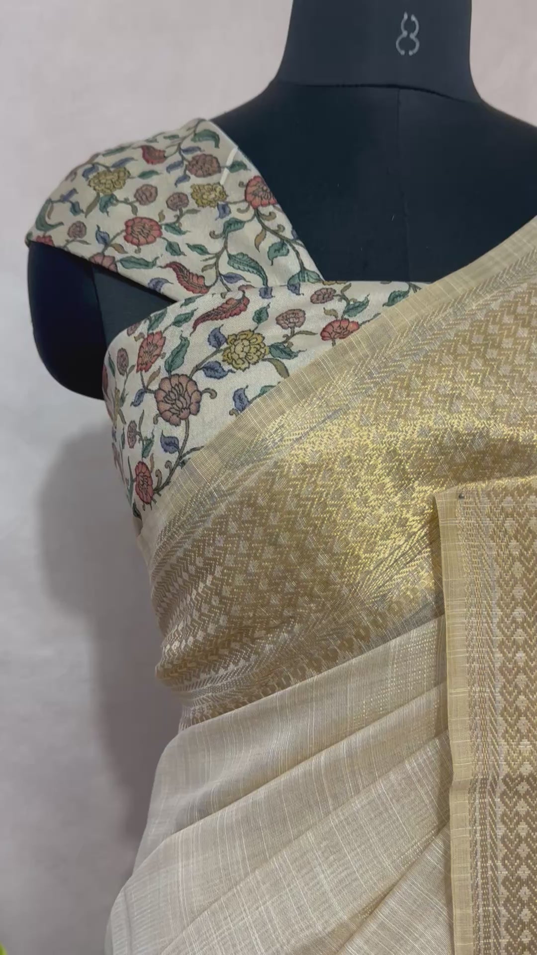 Tissue linen saree with kalamkari patch work , with BP