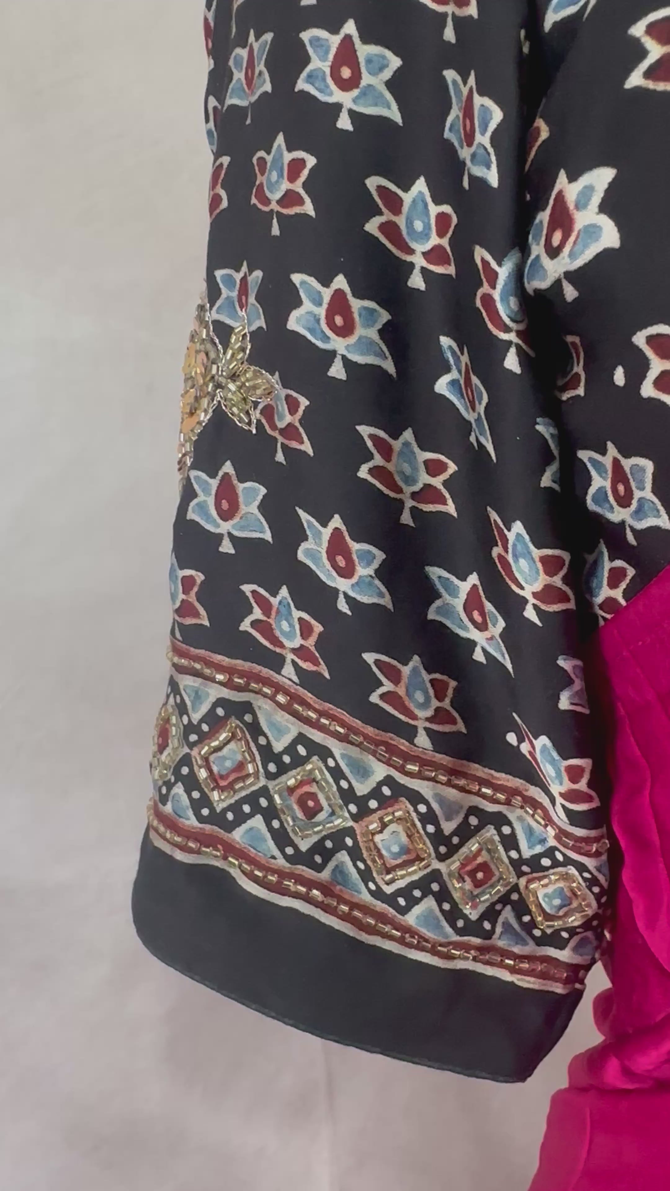 Modal silk saree with bead and mirror work , stitched blouse