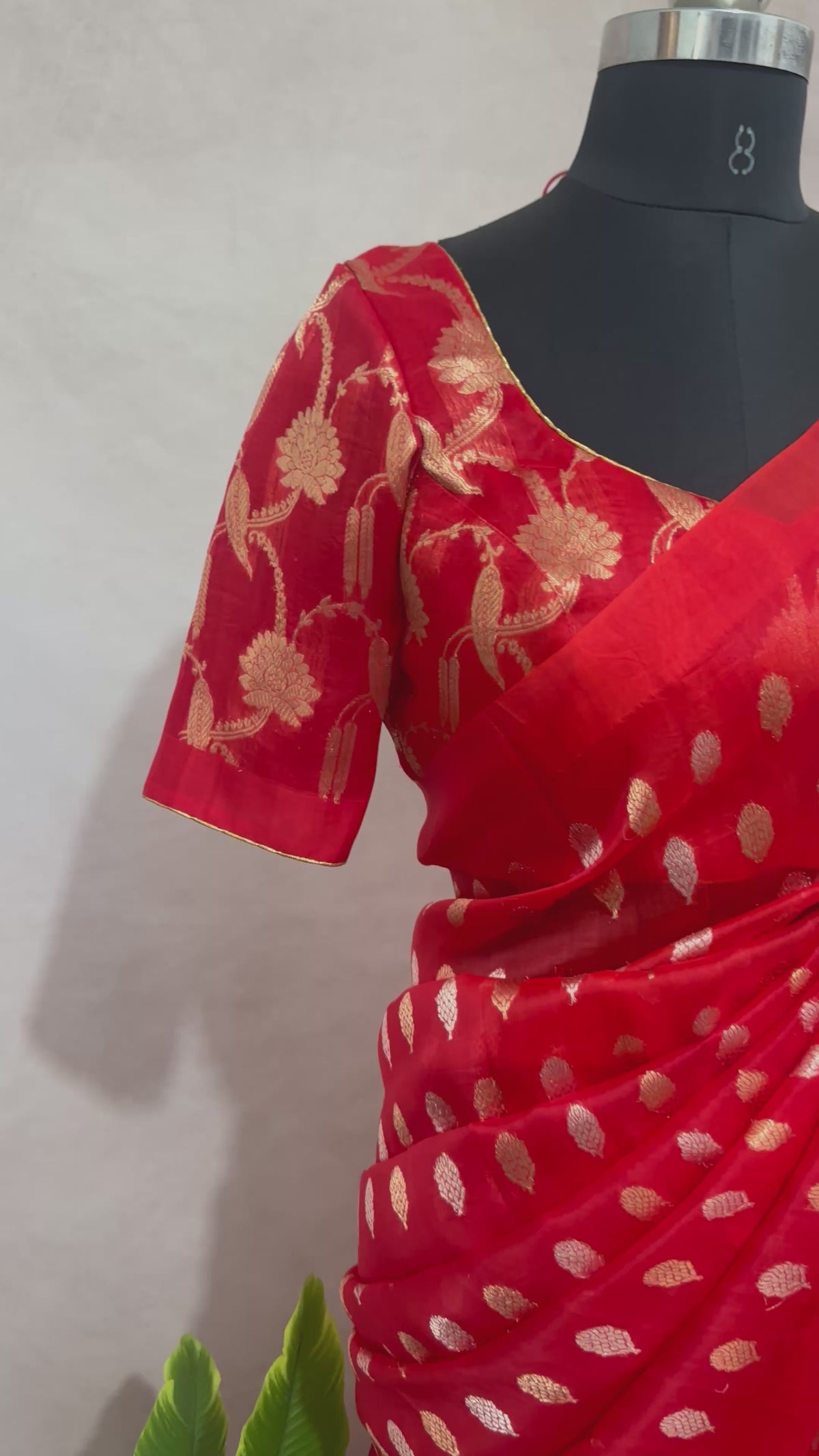 Red kora banarsi pure silk saree with stitched blouse