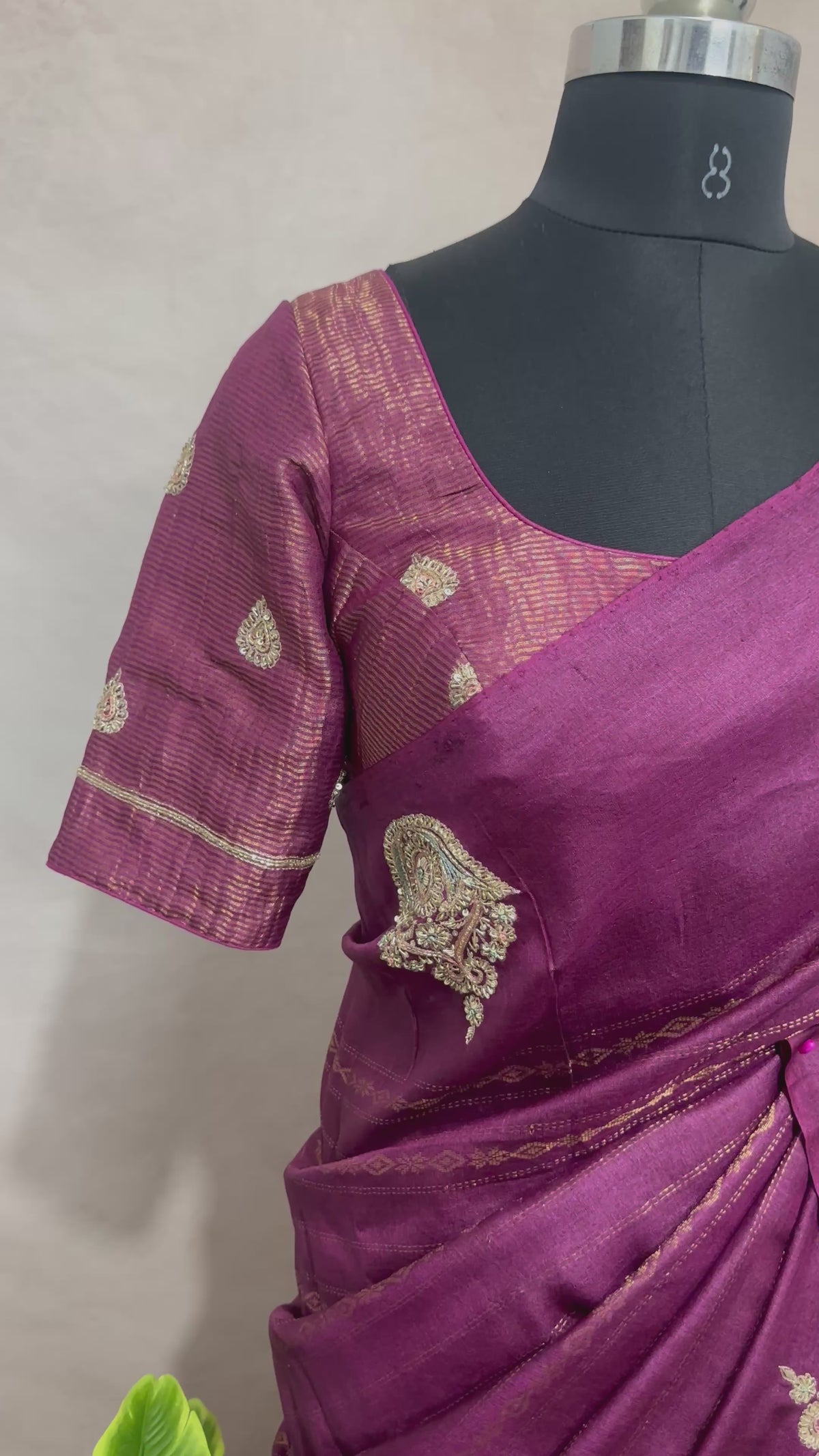 Burgabdy pure tussar silk saree with hand work and stitched blouse