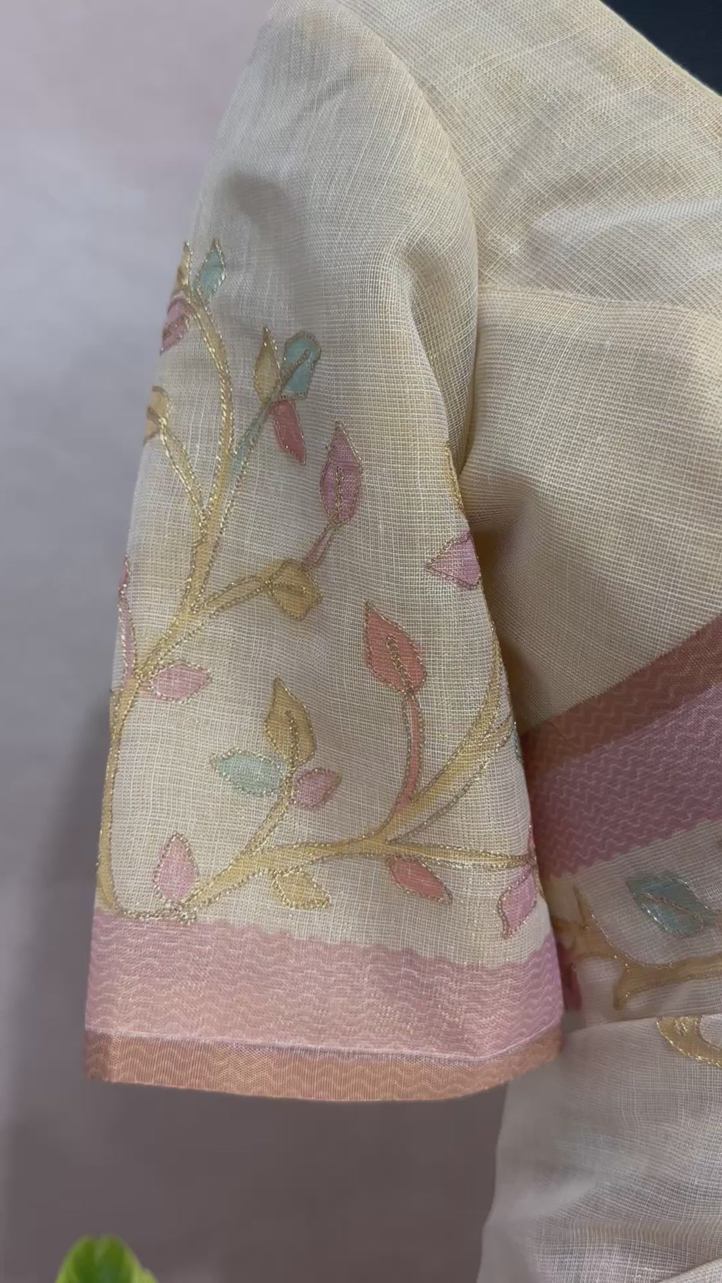 Printed Tissue linen saree with thread work, and stitched blouse