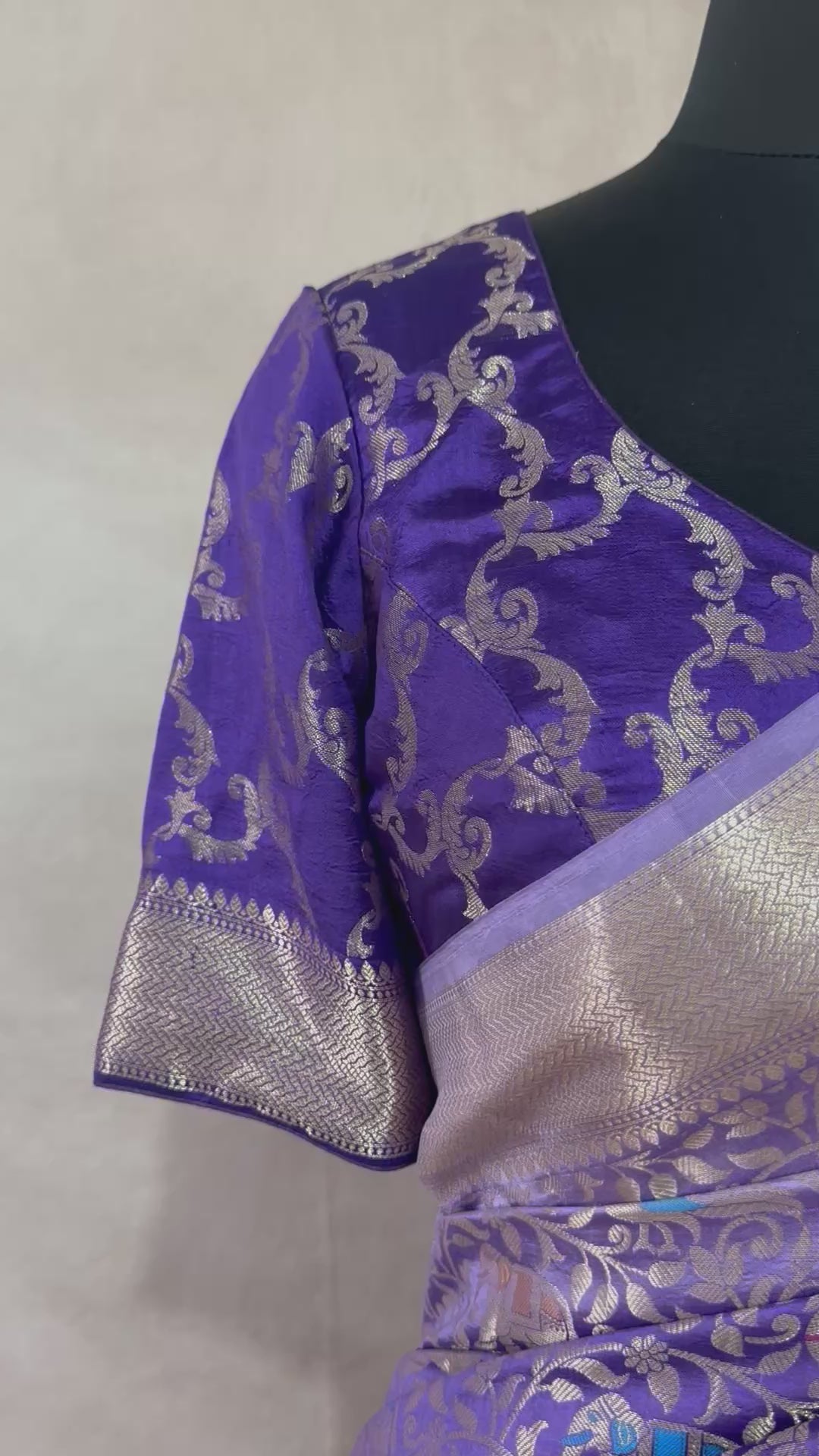 Silk saree with bird motif and meerankari weave, stitched blouse