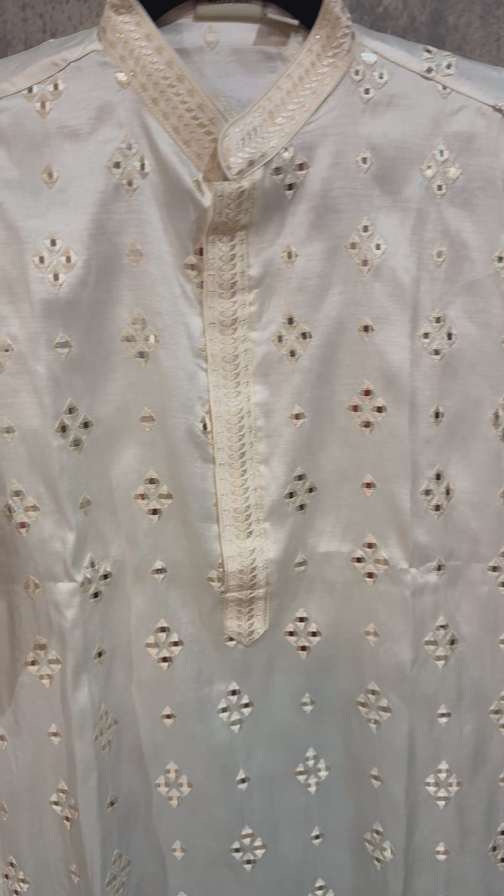 Ombre grey and off white cotton silk kurta with mirror work