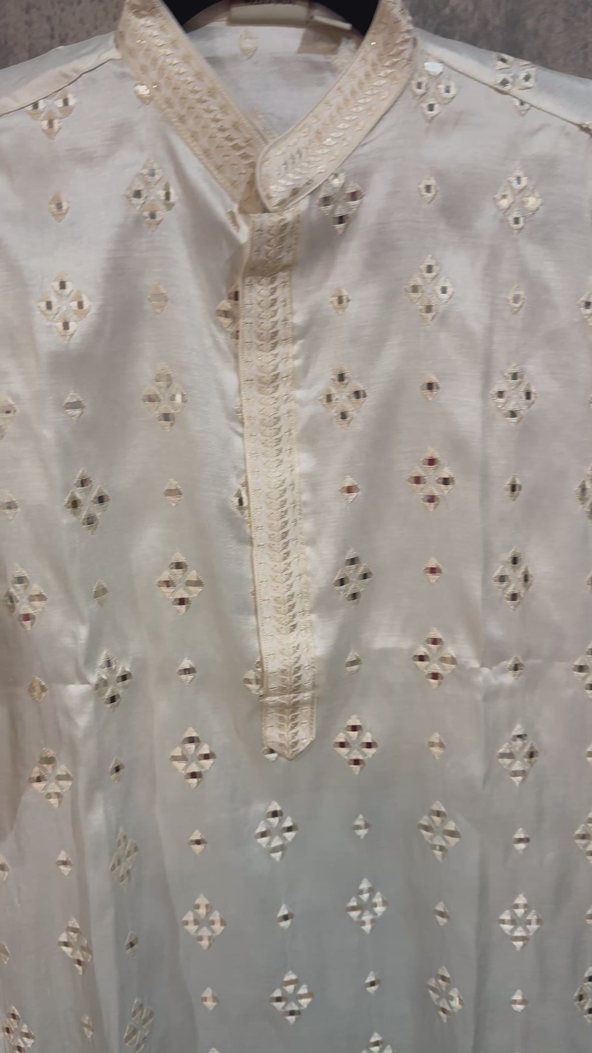 Ombre grey and off white cotton silk kurta with mirror work