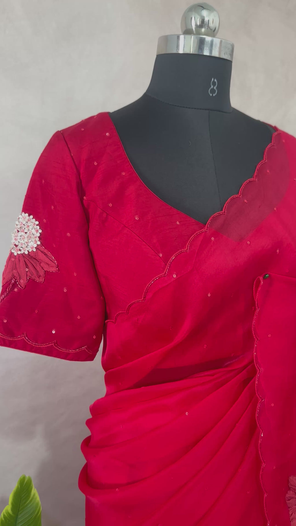 Red Organza silk saree with emroidery , stitched blouse