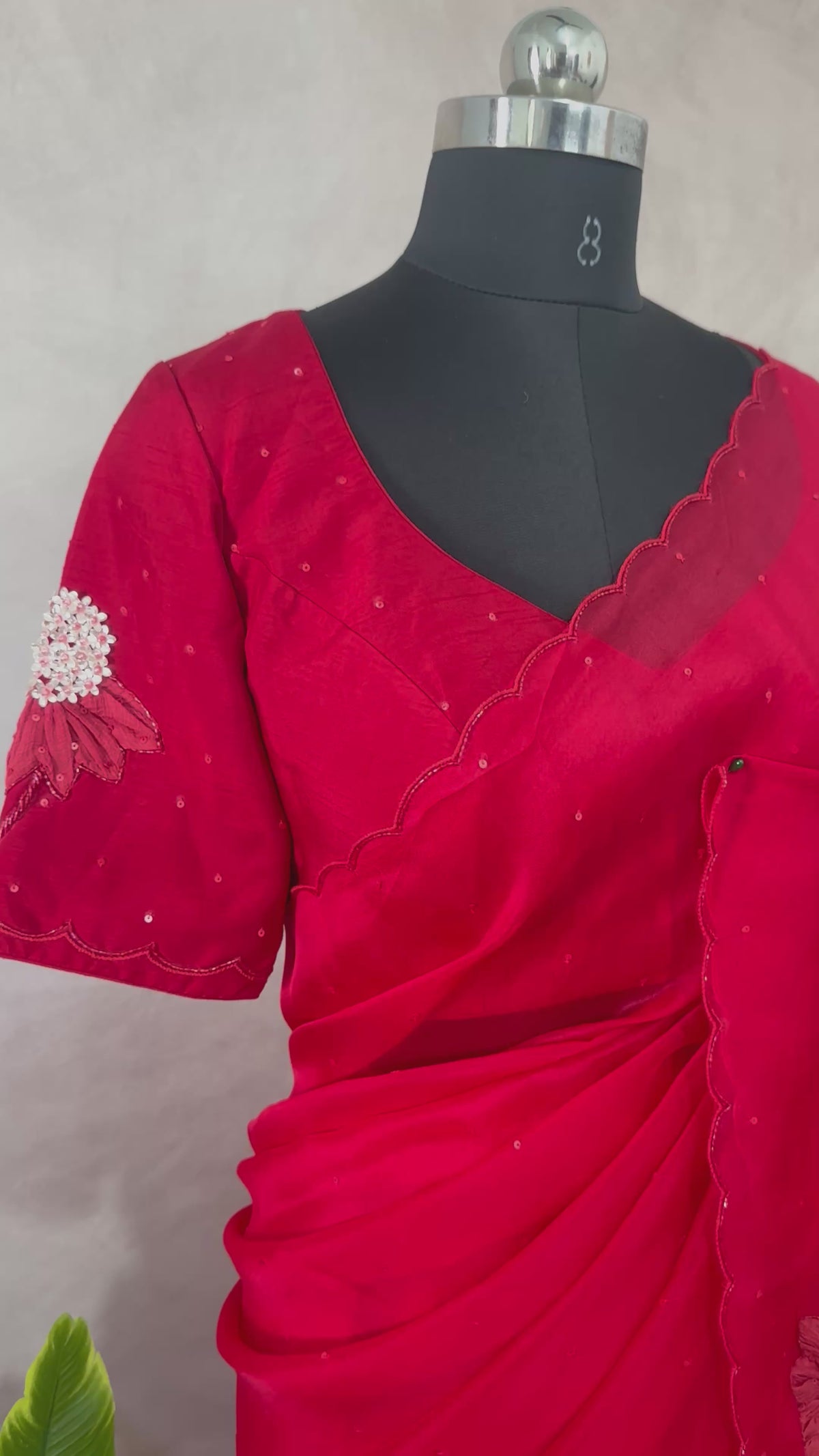 Red Organza silk saree with emroidery , stitched blouse