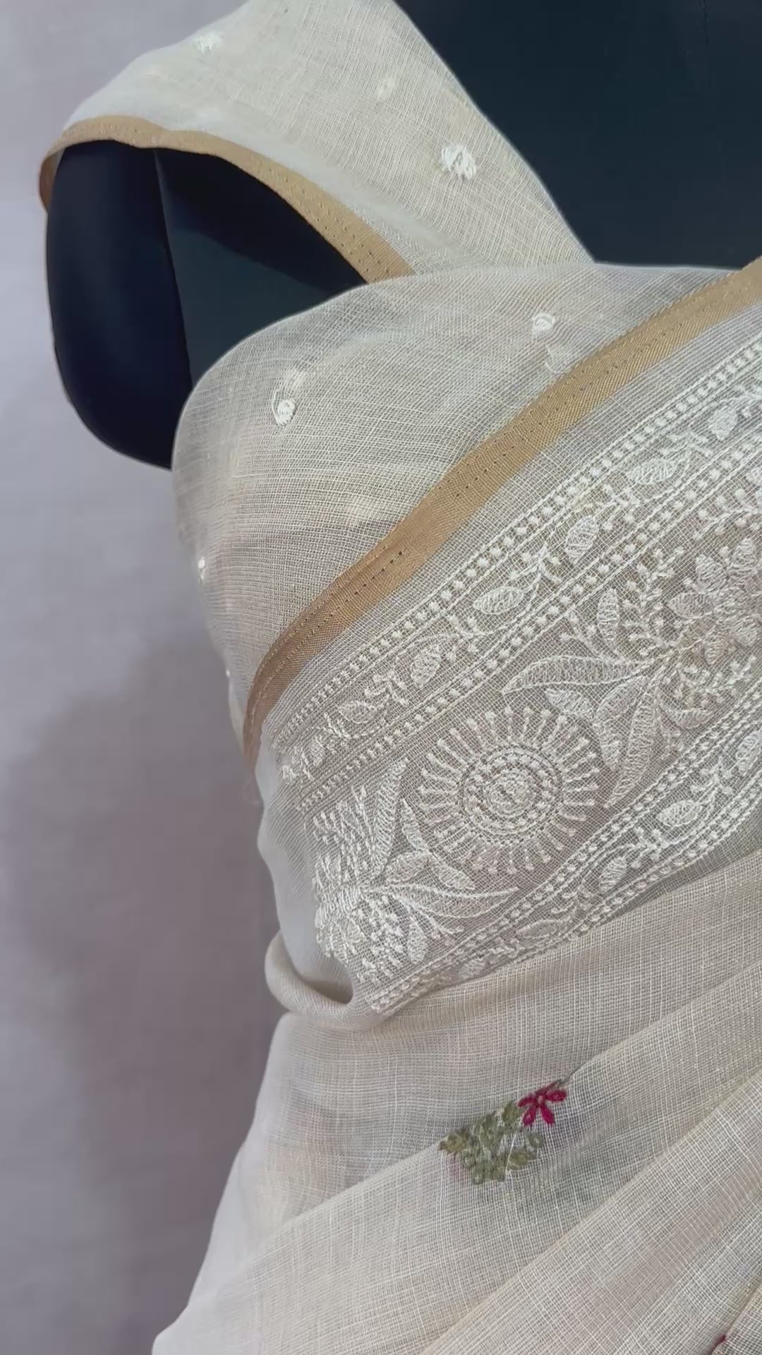 Tissue linen saree chikankari and multi color thread border with BP