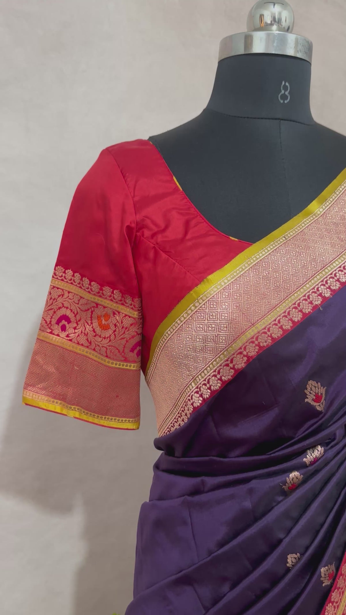 Purple pure Banarsi katan saree with stitched blouse