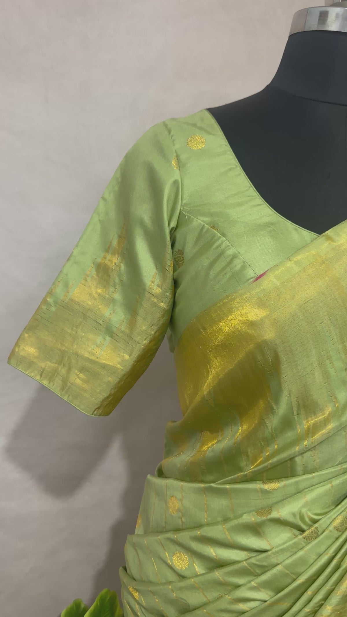 handloom pure silk pista green gadwal silk saree with stitched blouse