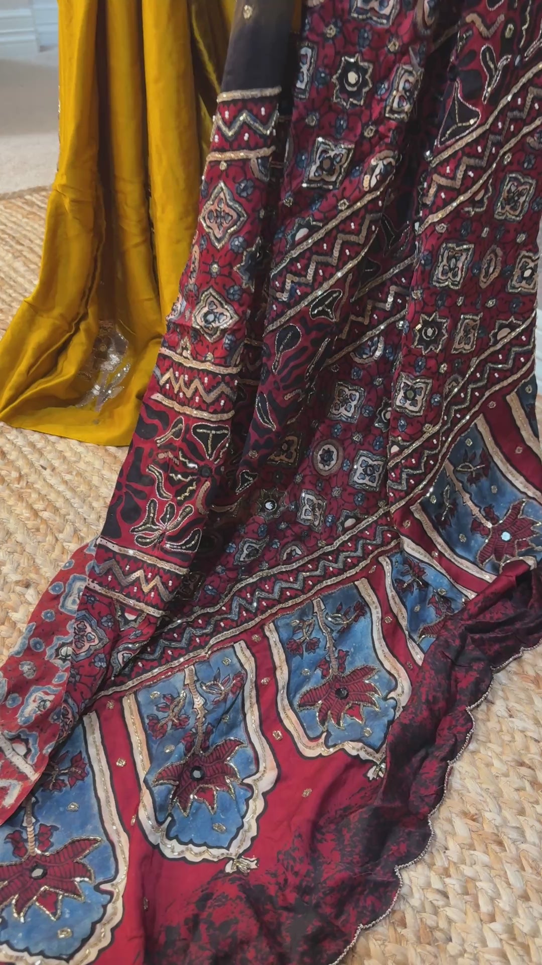 Modal silk saree with bead and mirror work , stitched blouse