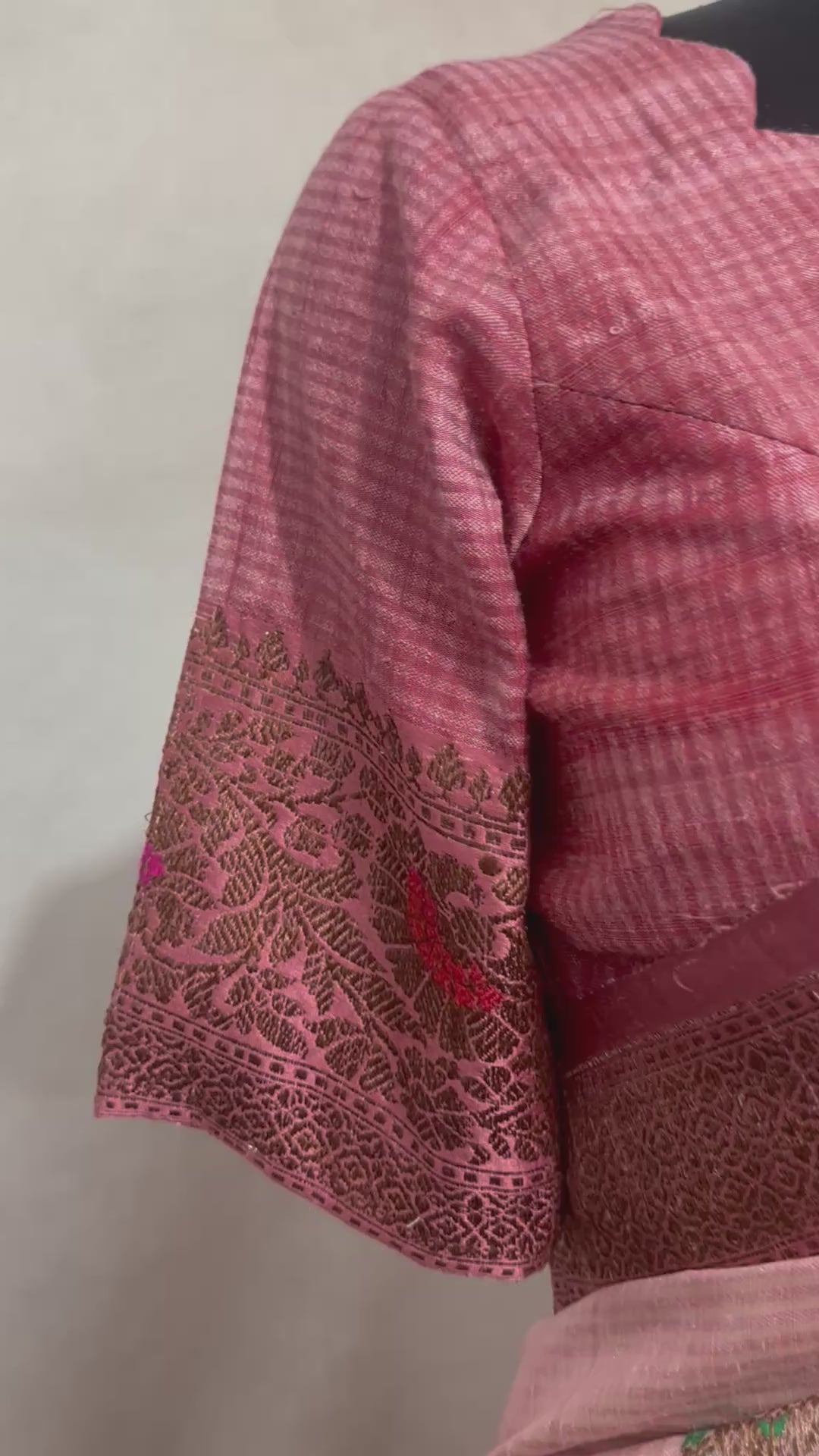 Light pink dupion silk saree with meenakari weave and stitched blouse