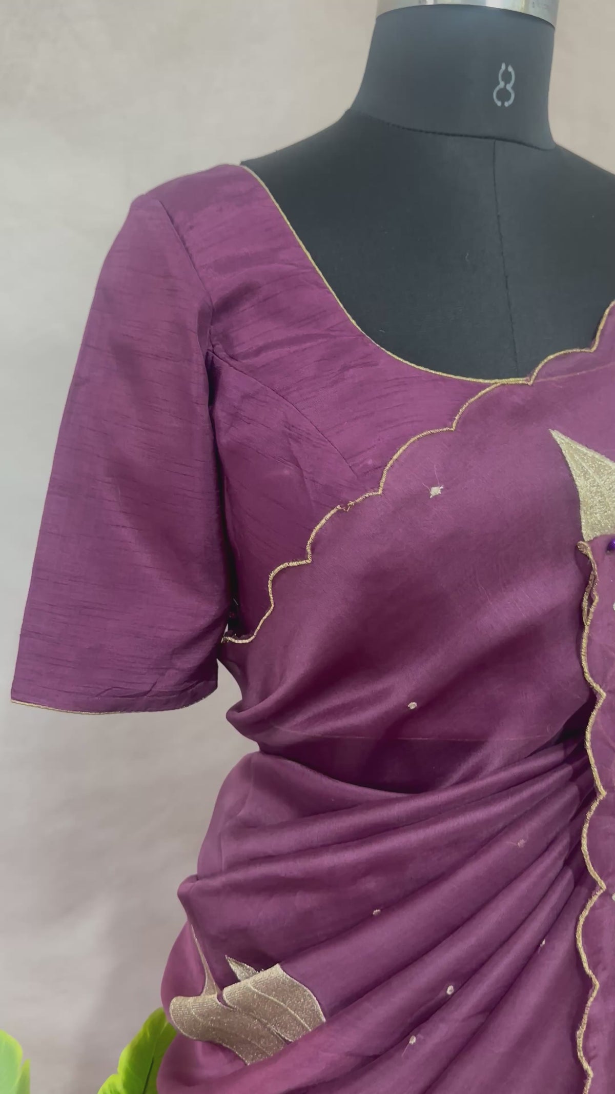 Purple organza saree with stitched blouse