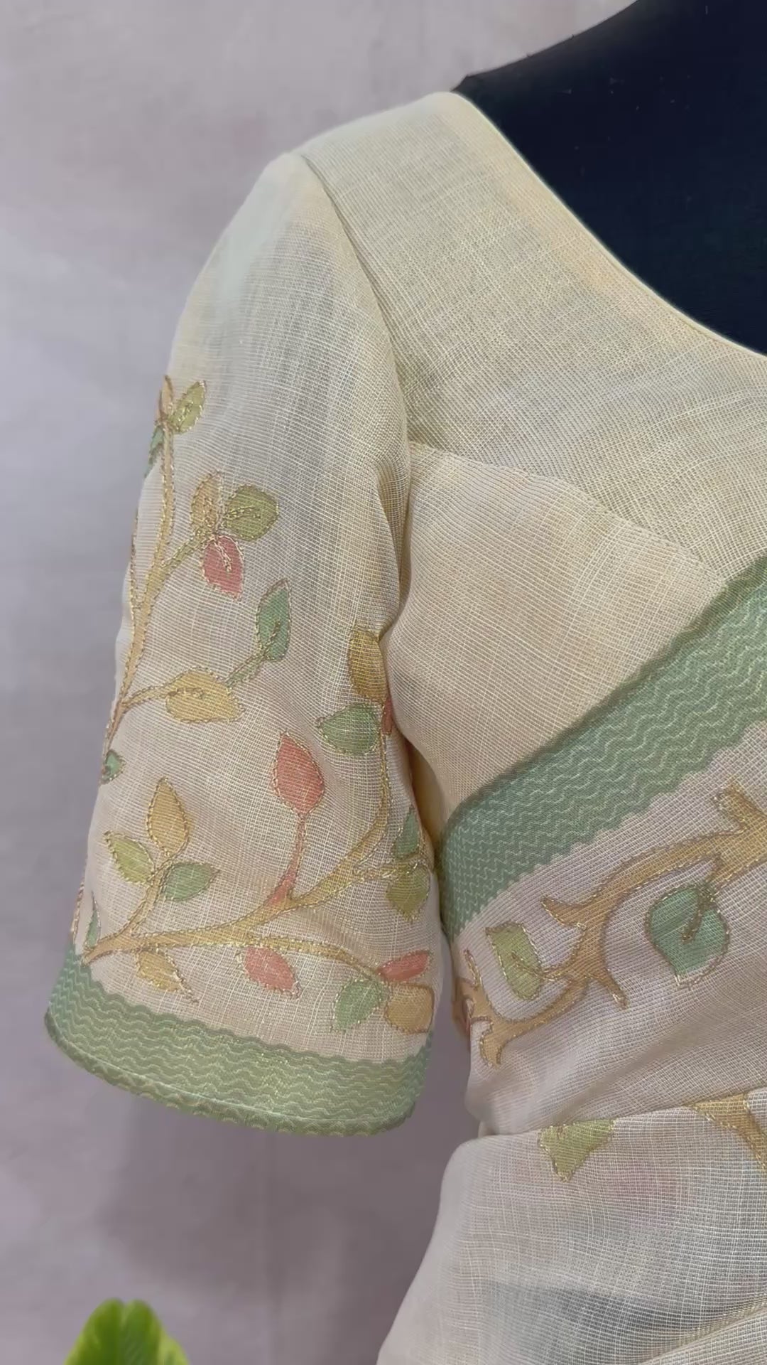 Printed Tissue linen saree with thread work, and stitched blouse