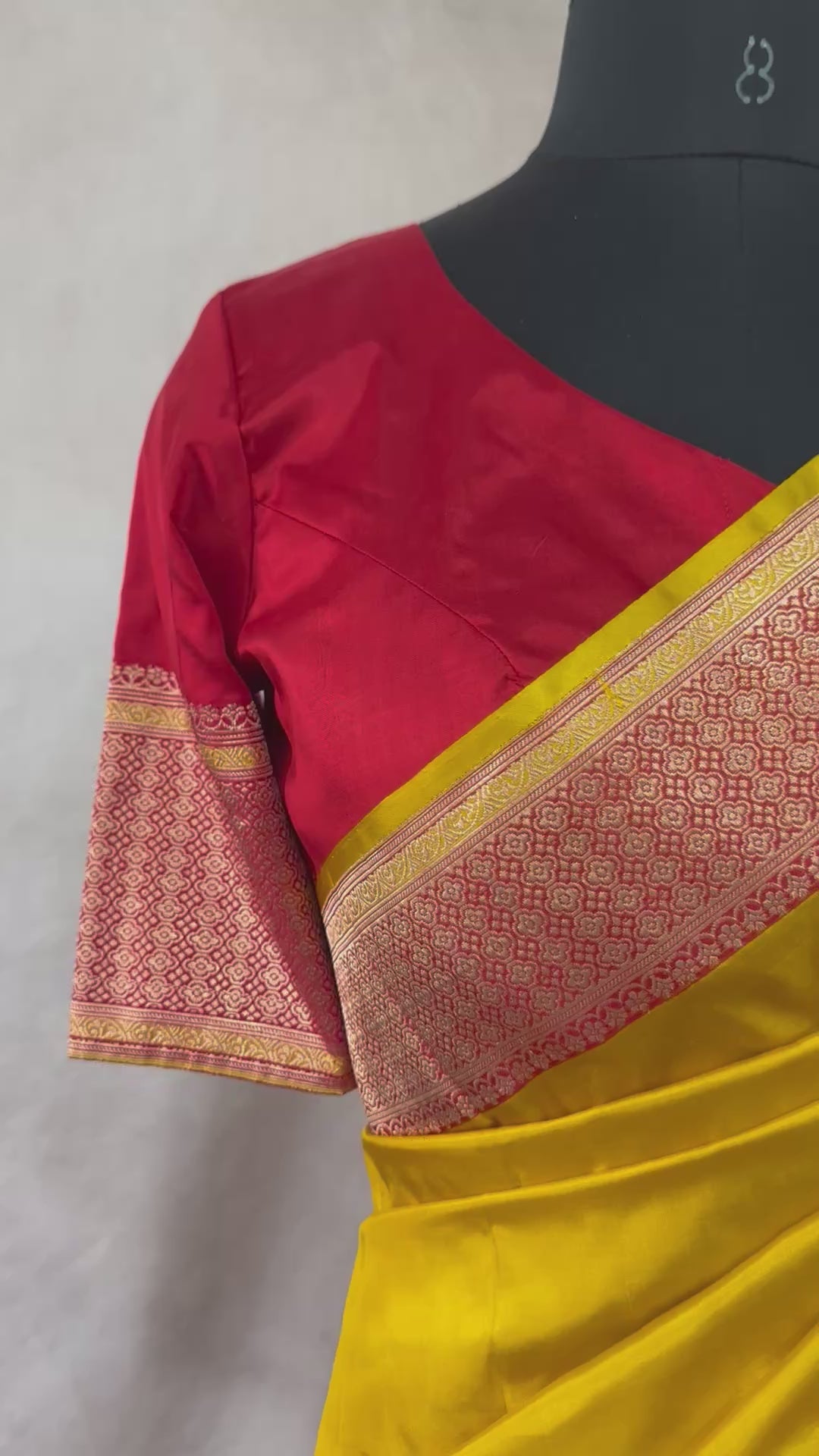 Yellow and red pure katan silk saree with stitched blouse