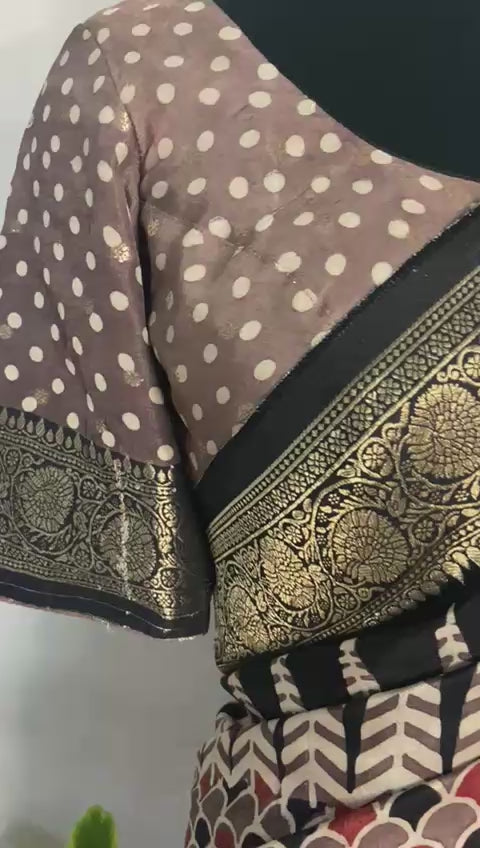 Ajrakh hand block printed premium dola silk saree with stitched blouse