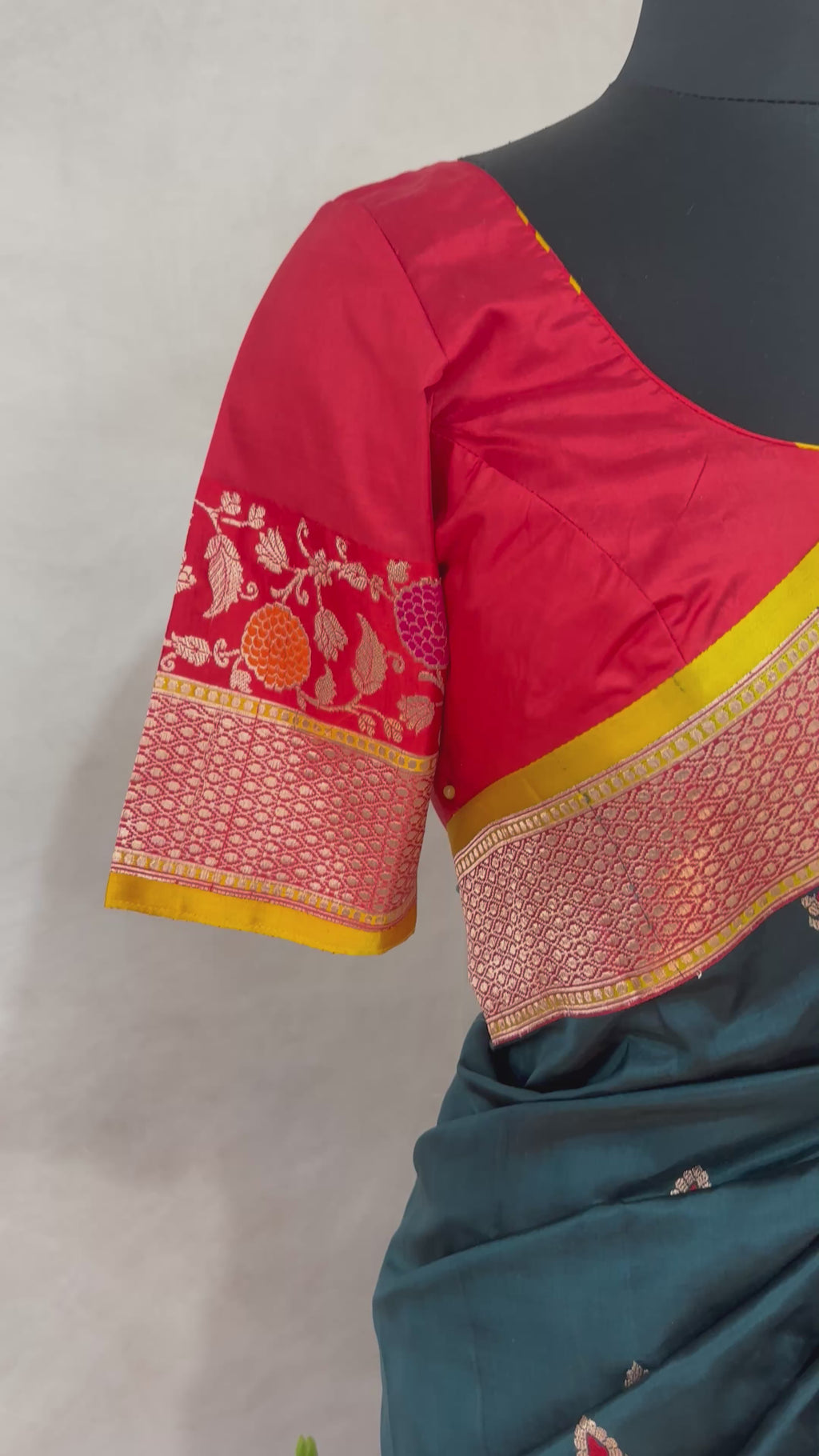 Peacock blue pure Banarsi katan saree with stitched blouse