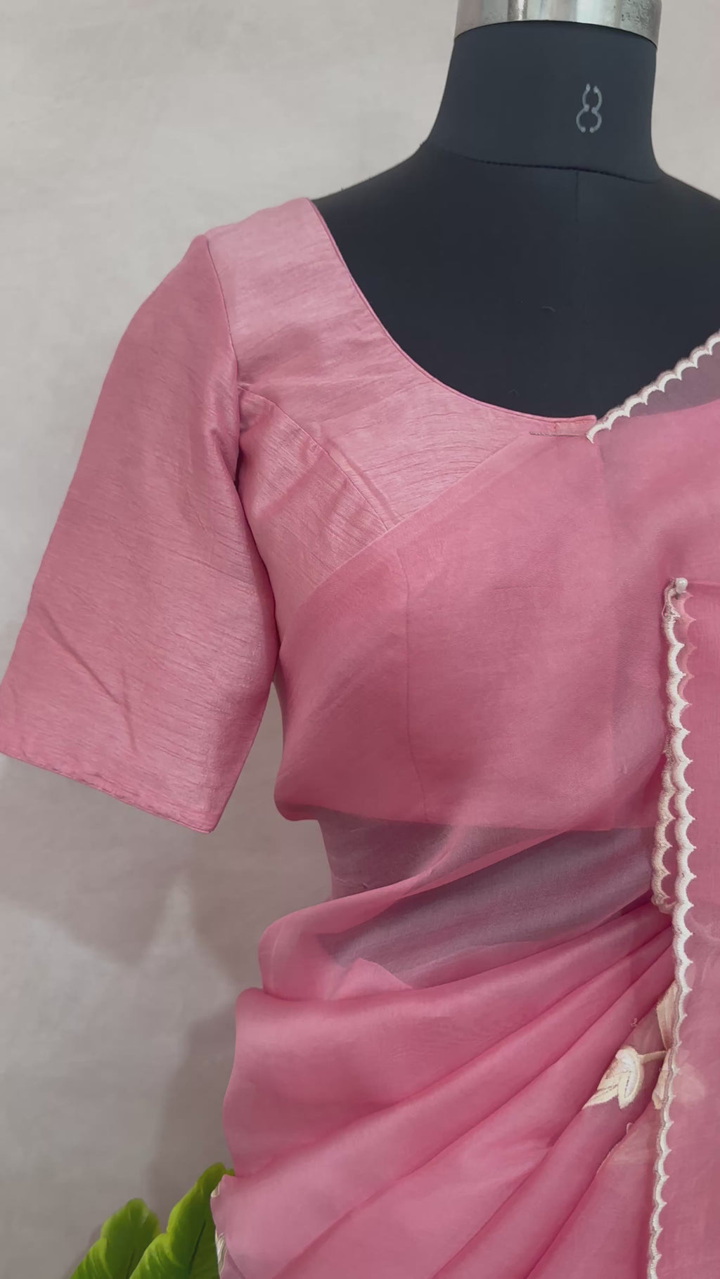 Dusty pink organza saree with thred embroidery and stitched blouse