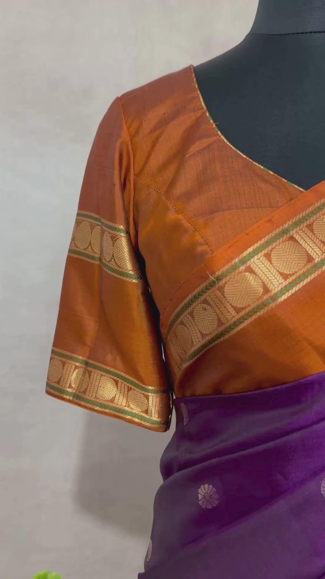 Purple and orange pure Kanchivaram soft silk saree with stitched blouse