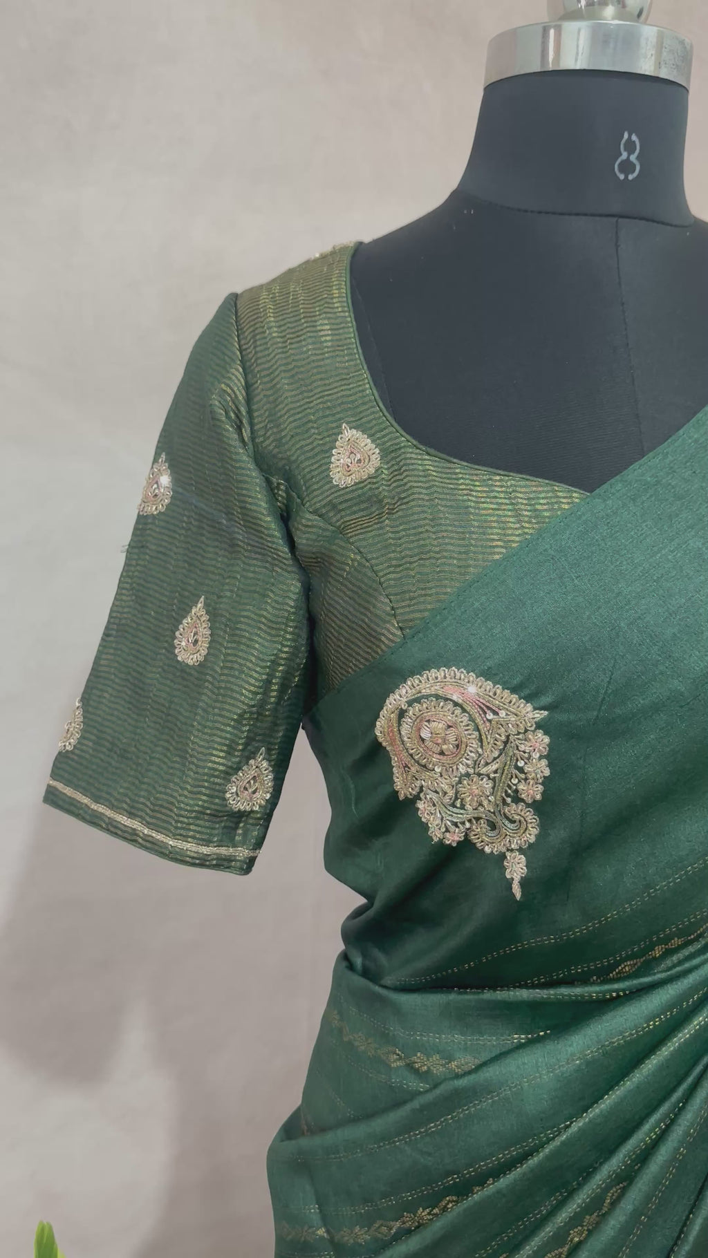 Bottle green pure tussar silk saree with hand work and stitched blouse