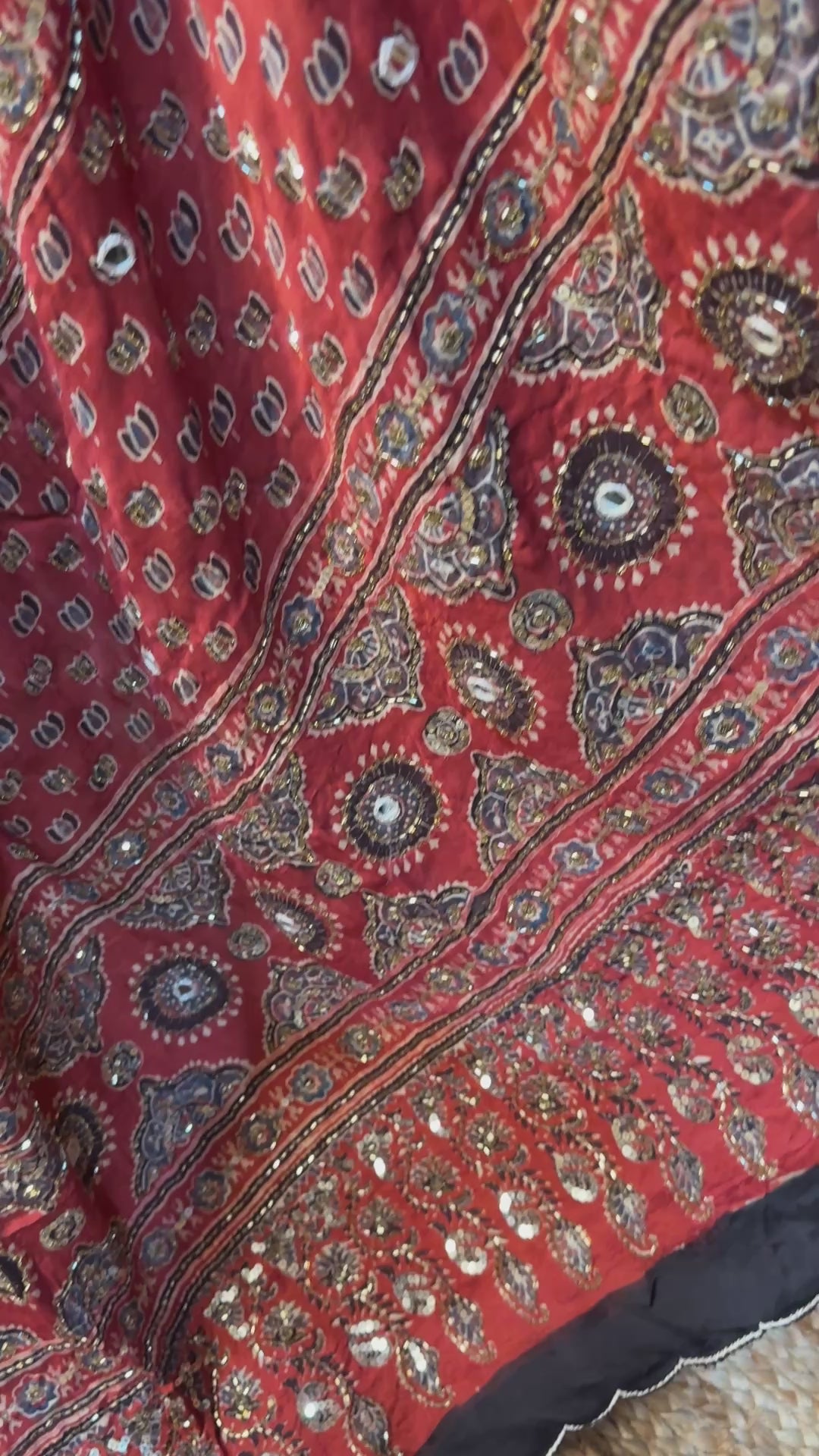 Modal silk saree with bead and mirror work , stitched blouse