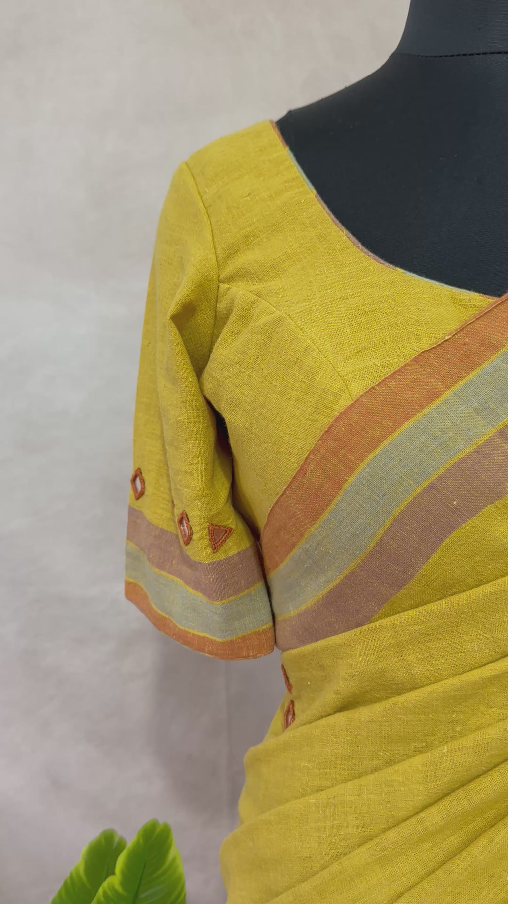 Organic Kala cotton handloom saree with mirror work , stitched blouse