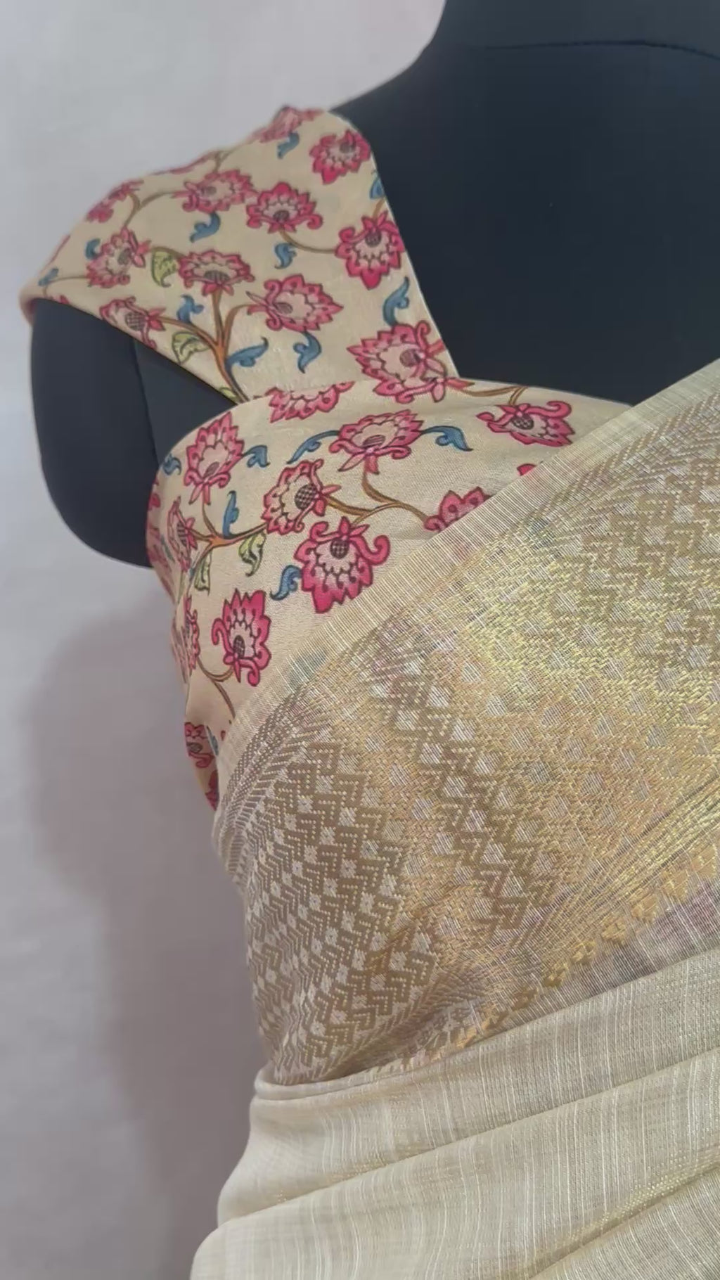 Tissue linen saree with kalamkari patch work , with BP