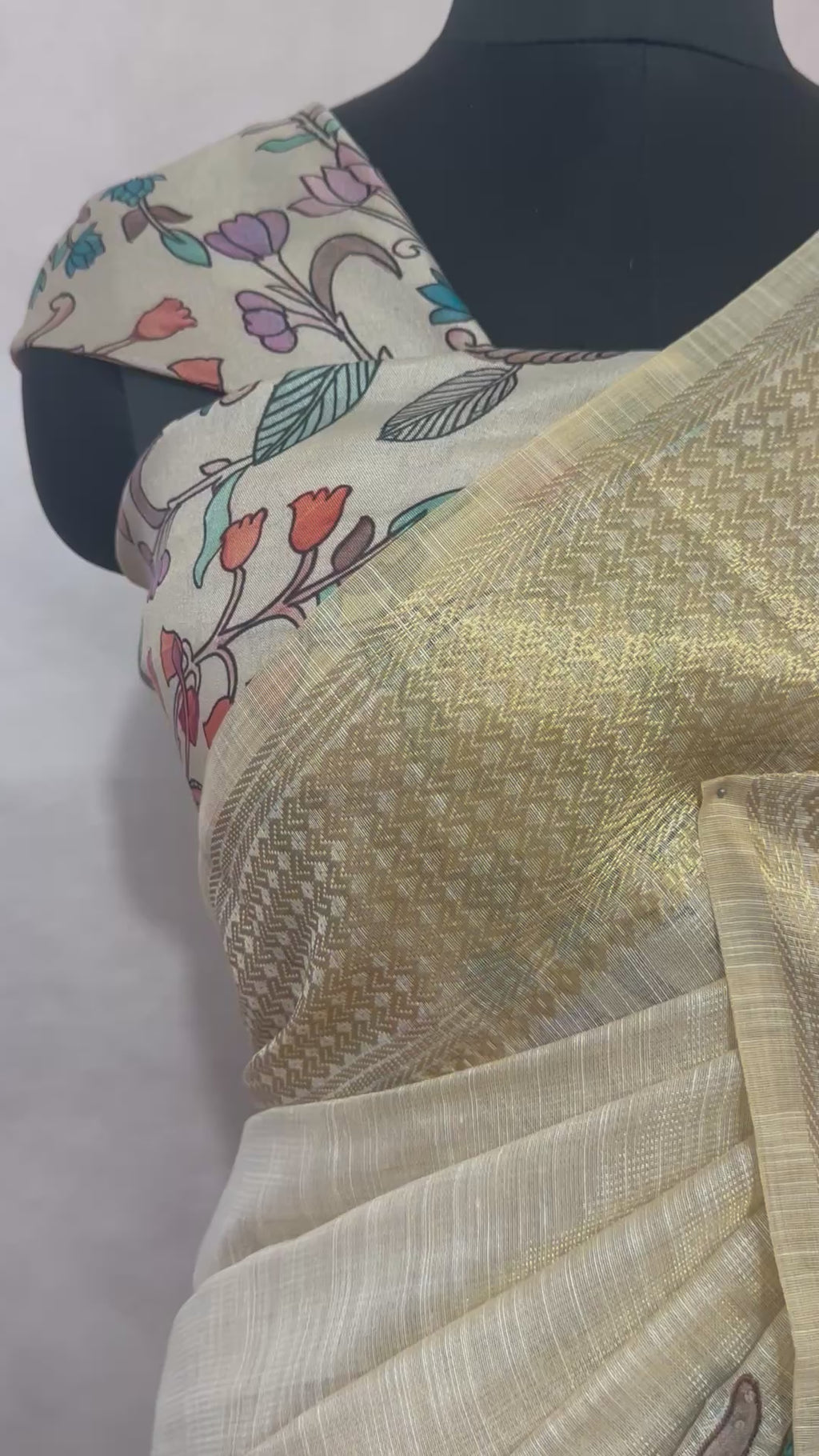 Tissue linen saree with kalamkari patch work , with BP