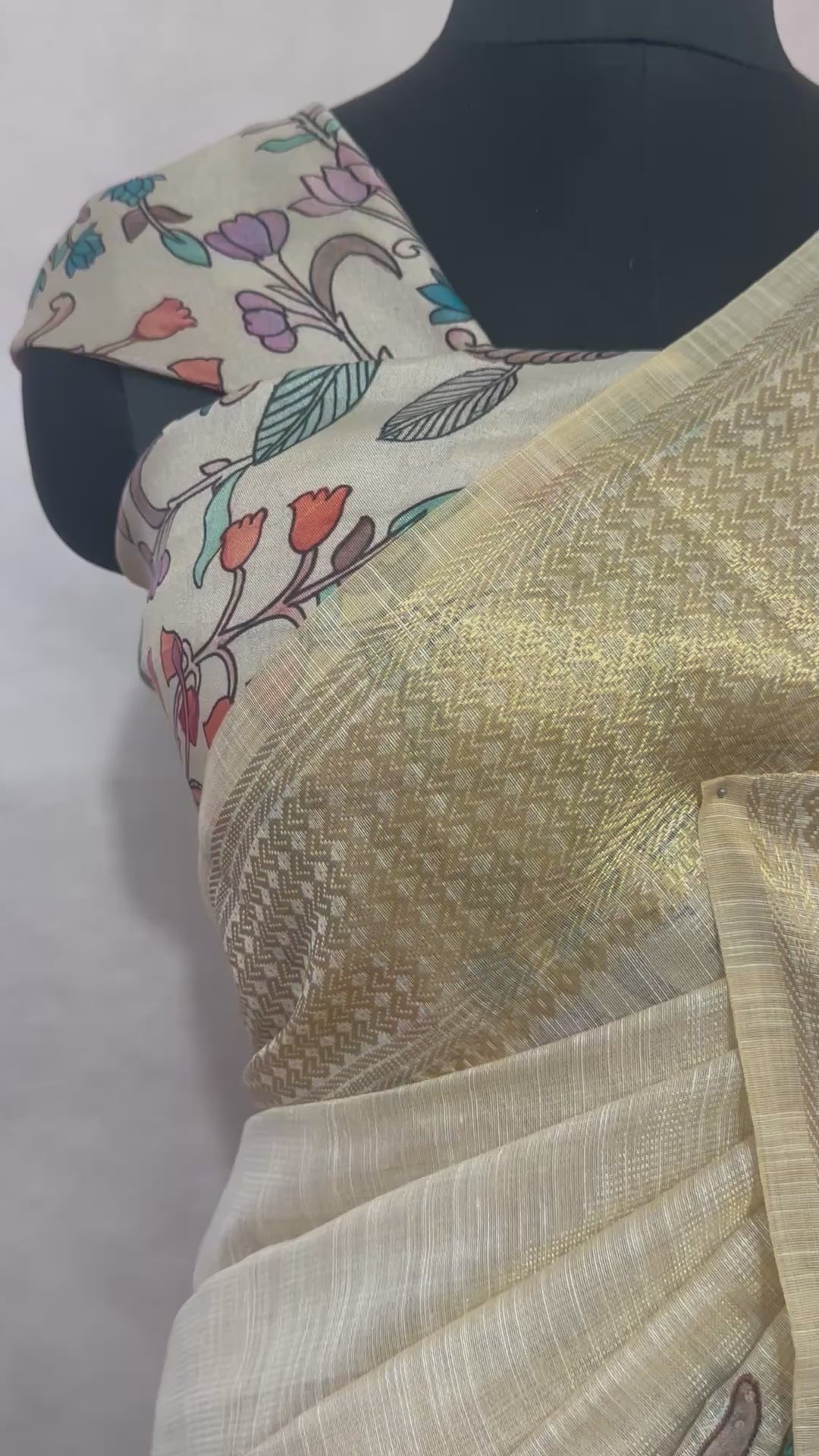 Tissue linen saree with kalamkari patch work , with BP