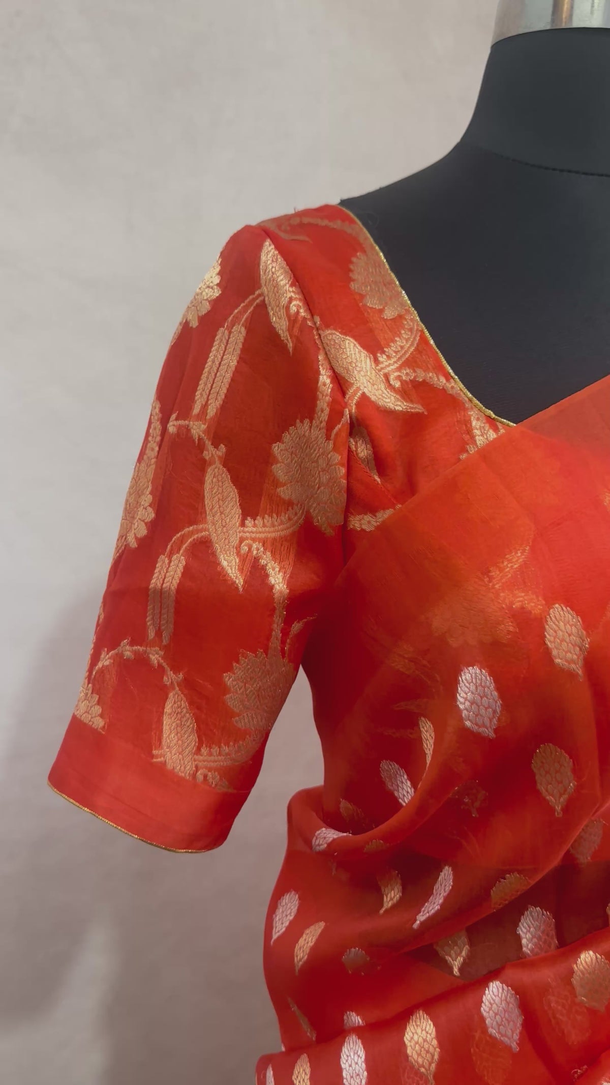 Orange kora banarsi pure silk saree with stitched blouse