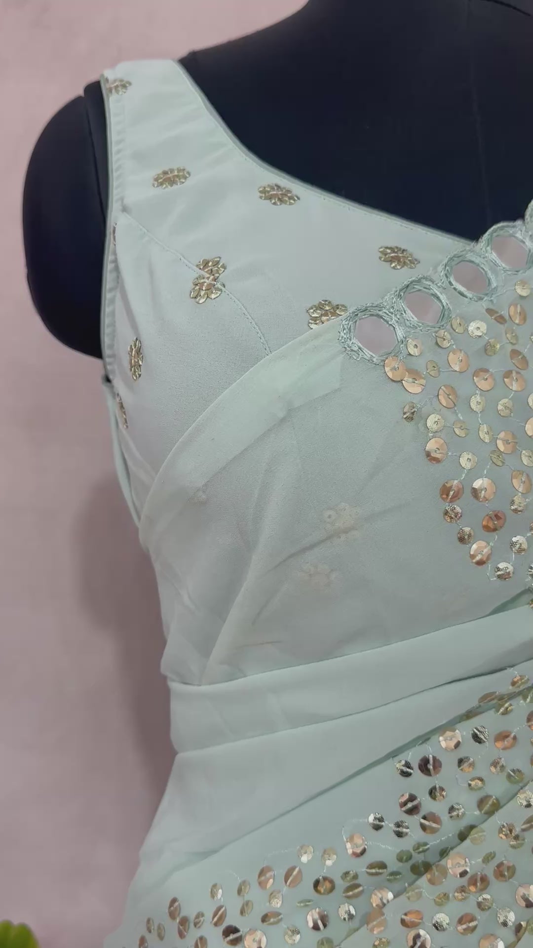 Designer saree with sequins and mirror, stitched blouse and under skirt