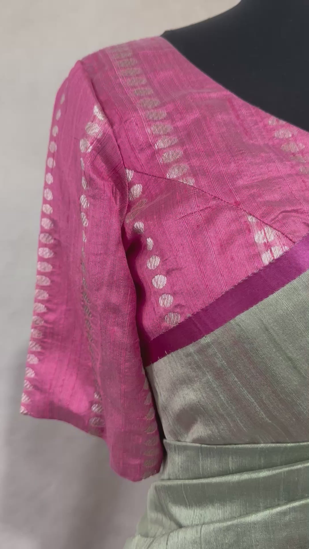 Light green designer raw silk saree with stitched blouse