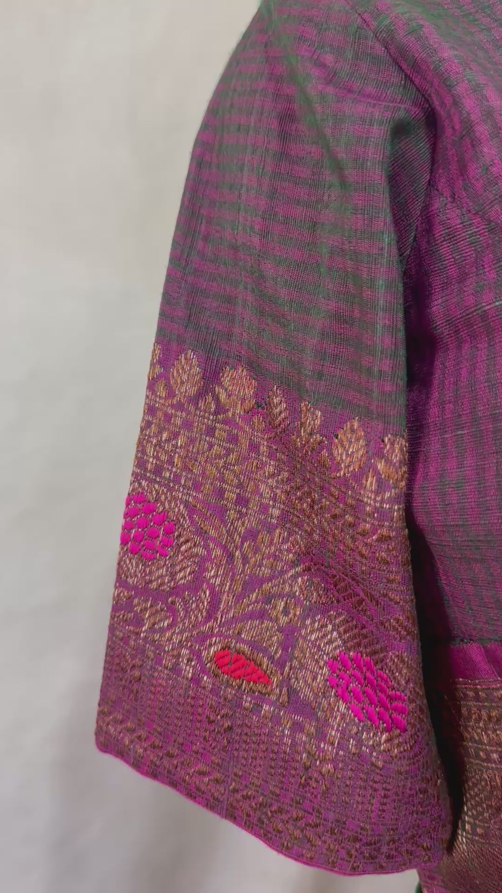 Bottle green dupion silk saree with meenakari weave and stitched blouse