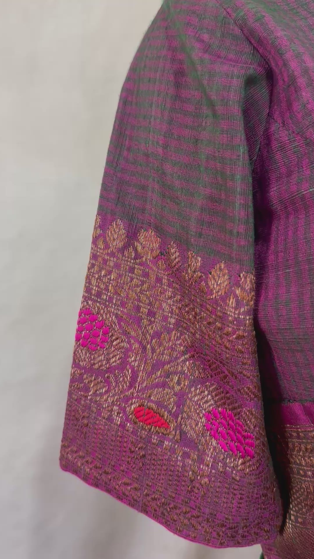Bottle green dupion silk saree with meenakari weave and stitched blouse