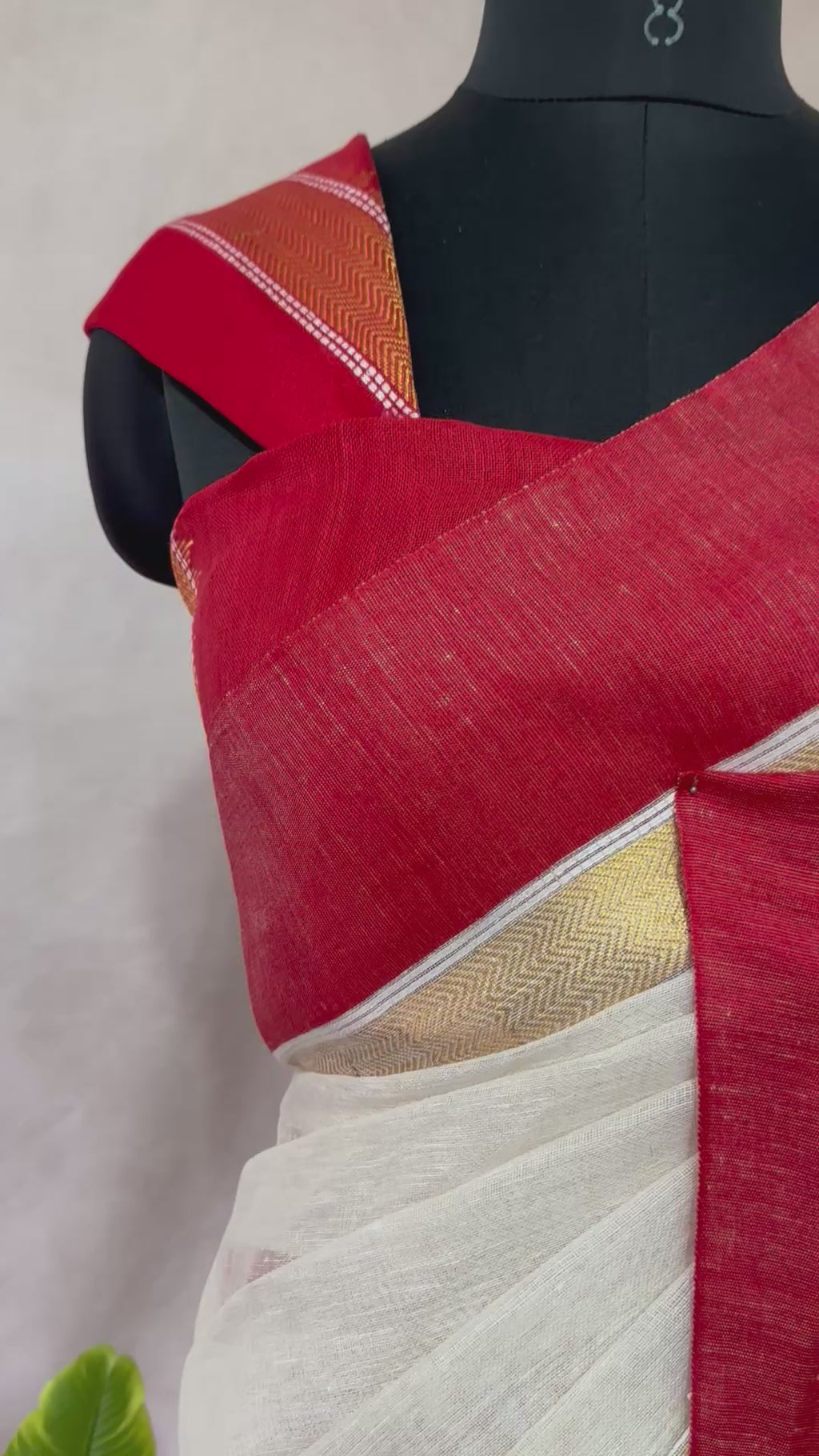 Red and gold border pure linen saree