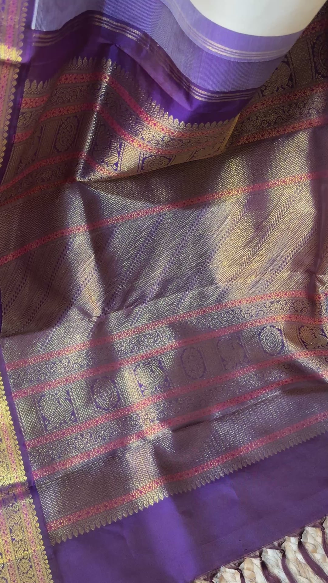 Handloom Kanchivaram handloom pure silk saree, off white with purple border