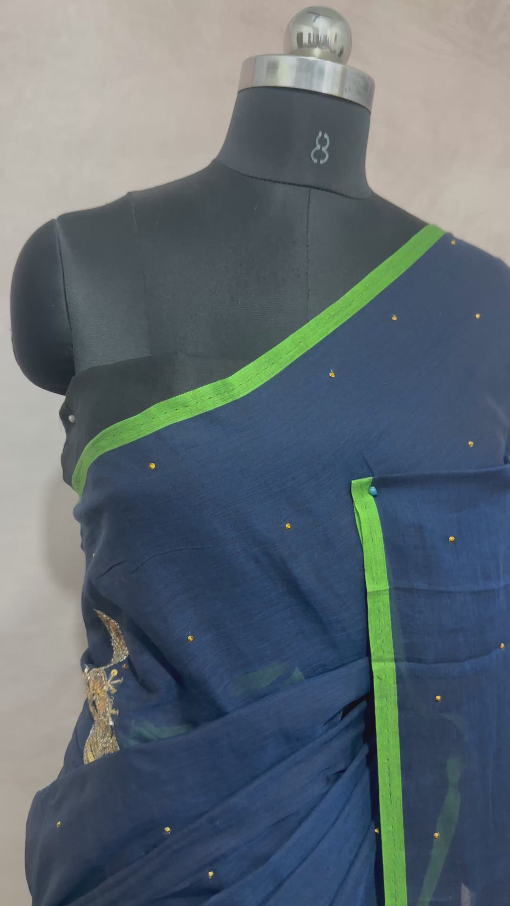 Navy blue pure handloom mul cotton saree with zardosi hand work , no BP