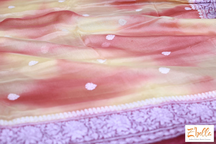 Pure Chiffon Silk Saree With Light Yellow And Orange Tie Dye Colored Purple Border Silver Zari