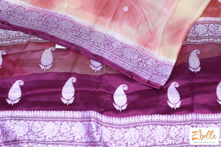 Pure Chiffon Silk Saree With Light Yellow And Orange Tie Dye Colored Purple Border Silver Zari