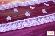 Pure Chiffon Silk Saree With Light Yellow And Orange Tie Dye Colored Purple Border Silver Zari