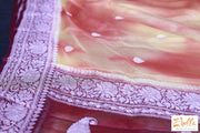 Pure Chiffon Silk Saree With Light Yellow And Orange Tie Dye Colored Purple Border Silver Zari