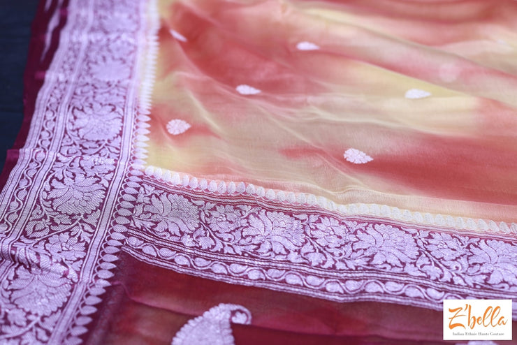 Pure Chiffon Silk Saree With Light Yellow And Orange Tie Dye Colored Purple Border Silver Zari