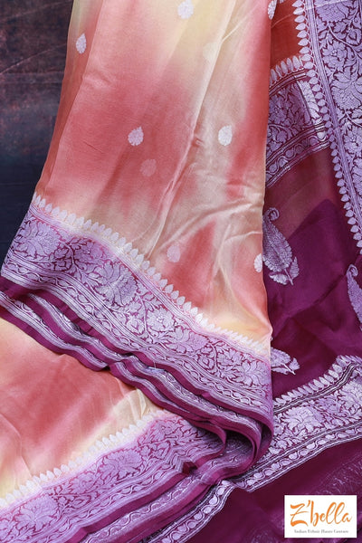 Pure Chiffon Silk Saree With Light Yellow And Orange Tie Dye Colored Purple Border Silver Zari