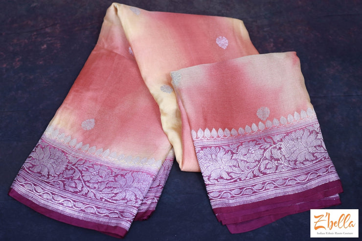 Pure Chiffon Silk Saree With Light Yellow And Orange Tie Dye Colored Purple Border Silver Zari