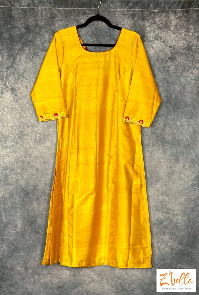Pure Silk Yellow Kurt With Emroidery Kurti