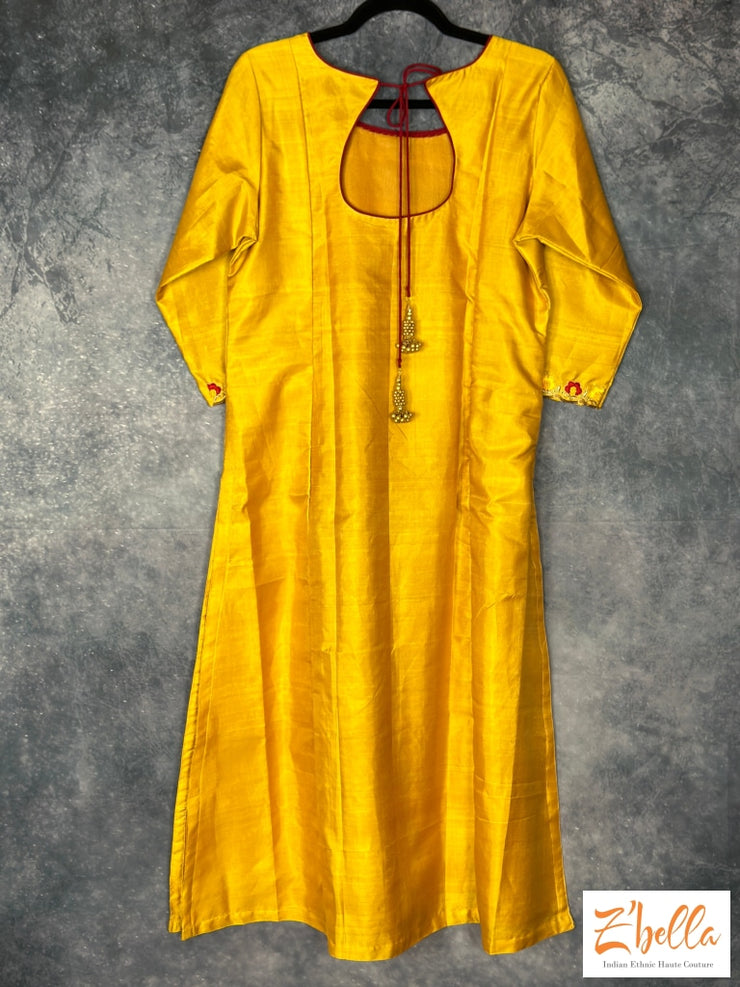 Pure Silk Yellow Kurt With Emroidery Kurti