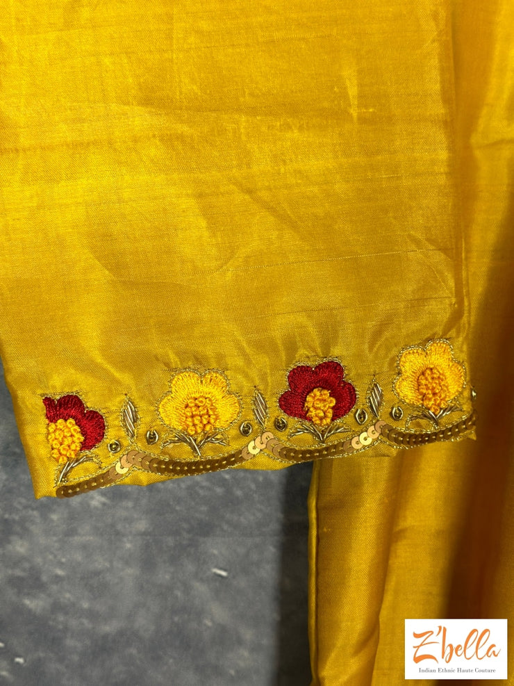 Pure Silk Yellow Kurt With Emroidery Kurti