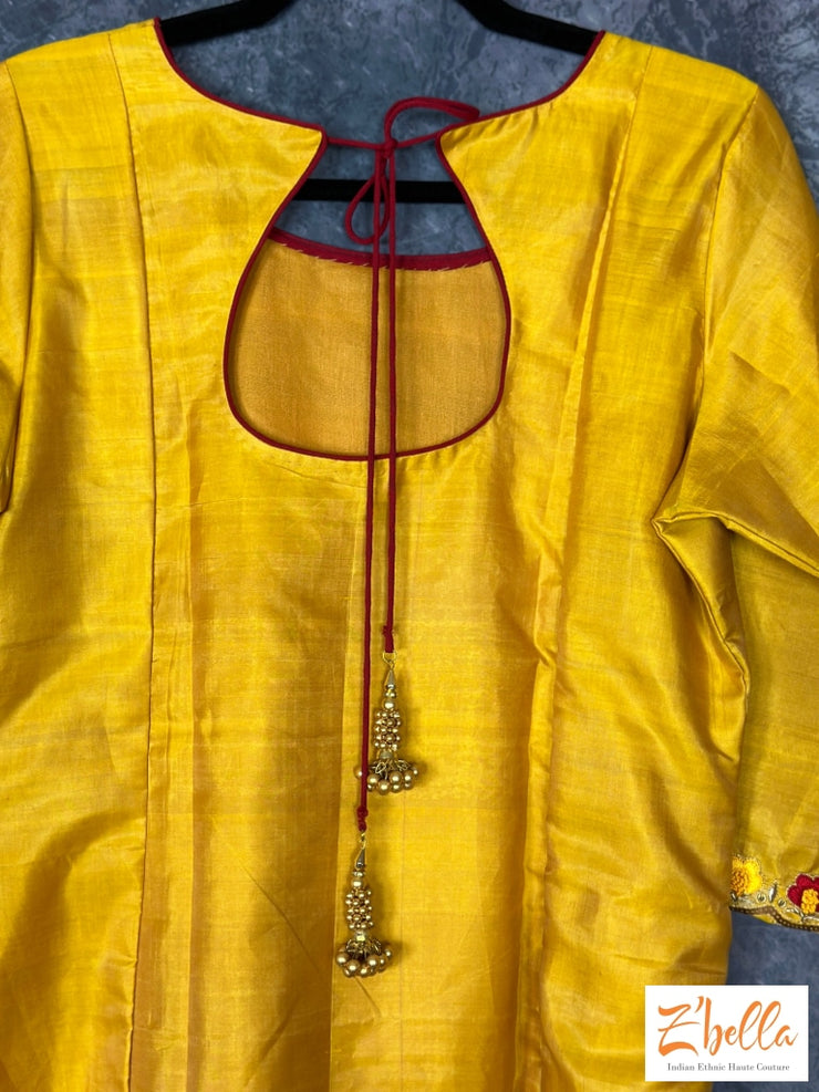 Pure Silk Yellow Kurt With Emroidery Kurti