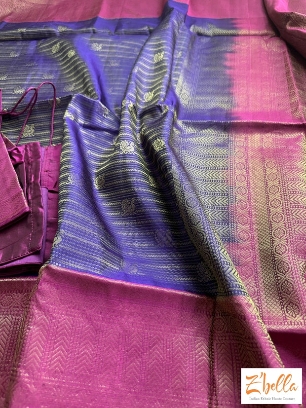 Purple And Majenta Brocade Soft Silk Saree With Stitched Blouse Saree